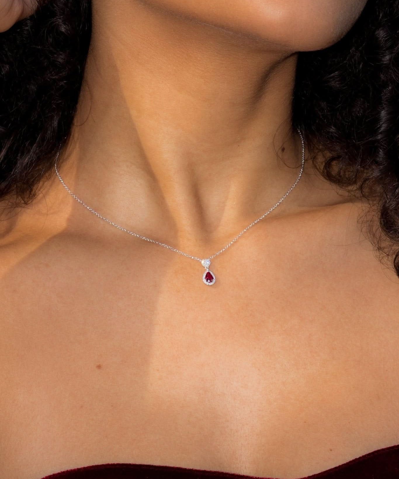Pear Ruby Diamond Halo Drop Necklace 14k White Gold - PBD Necklaces