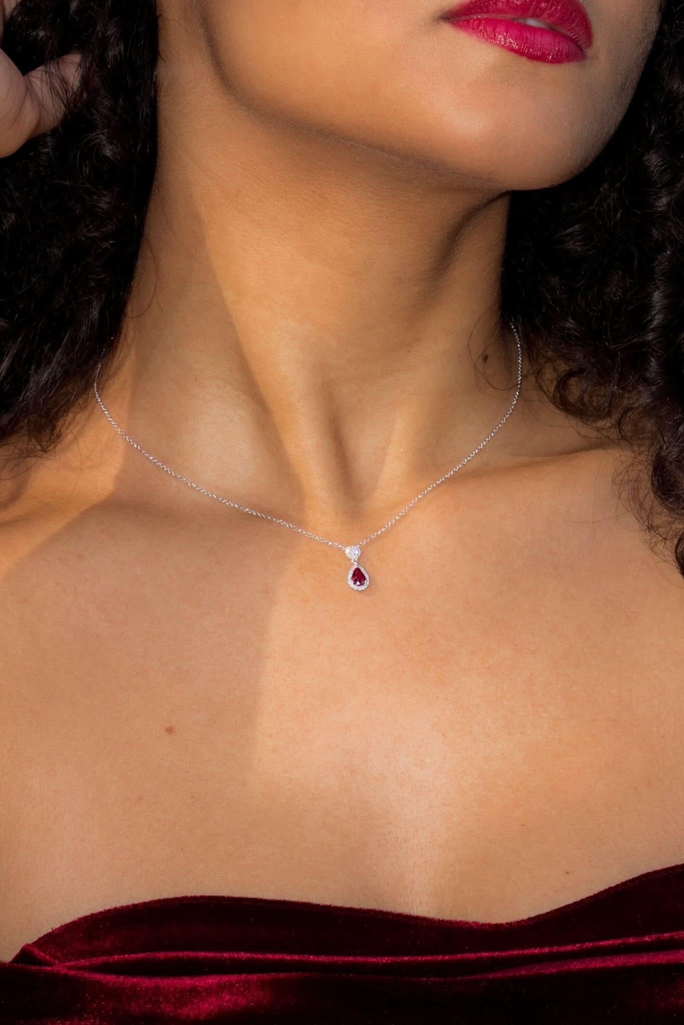 Pear Ruby Diamond Halo Drop Necklace 14k White Gold - PBD Necklaces