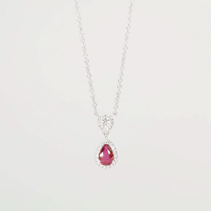 Pear Ruby Diamond Halo Drop Necklace 14k White Gold - PBD Necklaces
