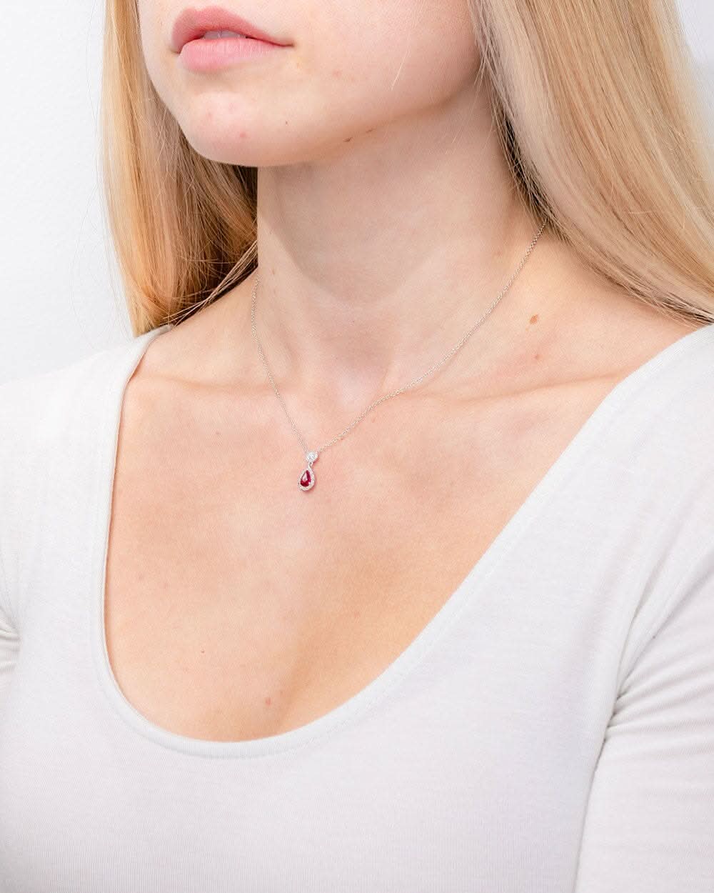Pear Ruby Diamond Halo Drop Necklace 14k White Gold - PBD Necklaces