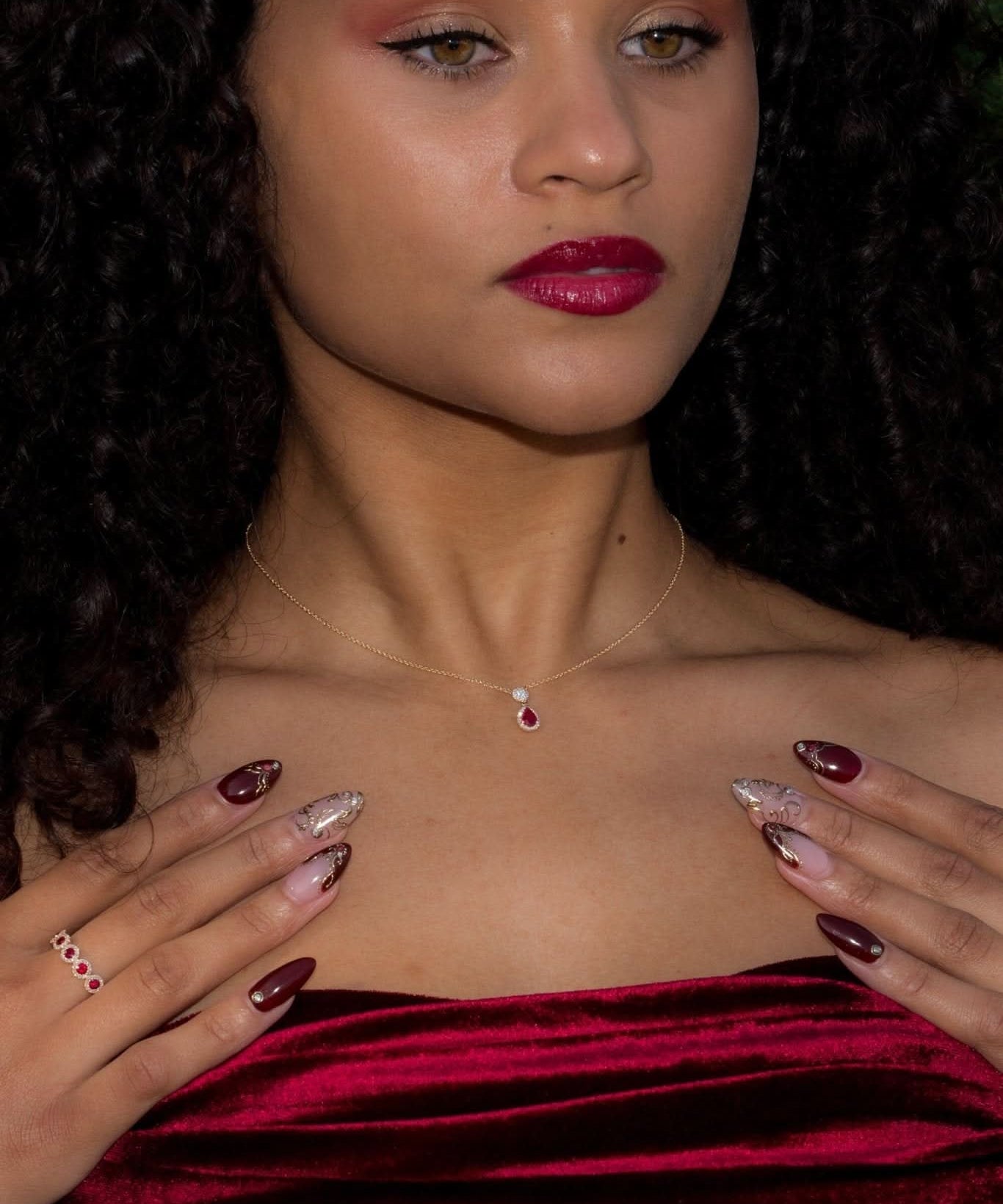 Pear Ruby Diamond Halo Drop Necklace - PBD Necklaces