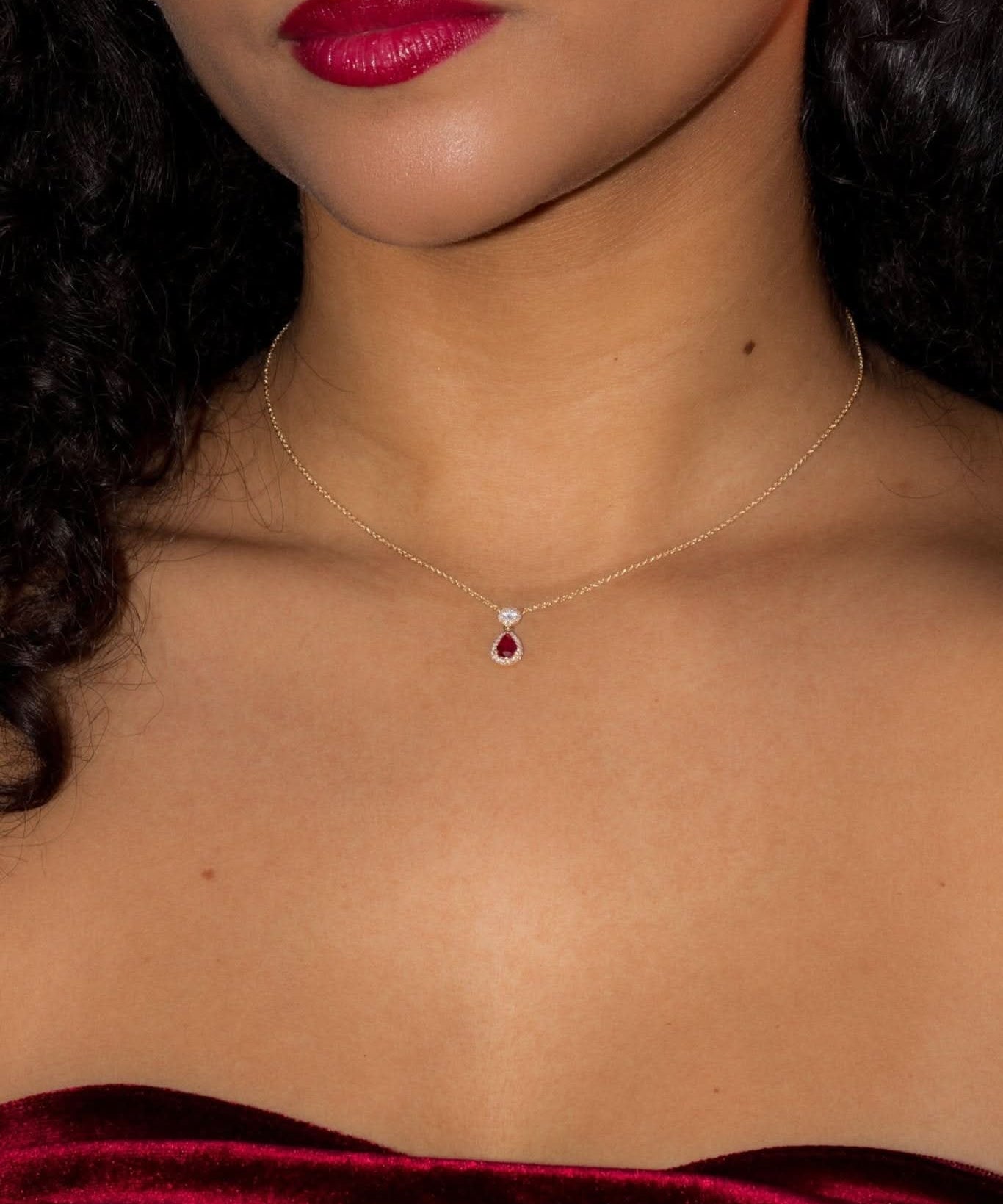 Pear Ruby Diamond Halo Drop Necklace - PBD Necklaces