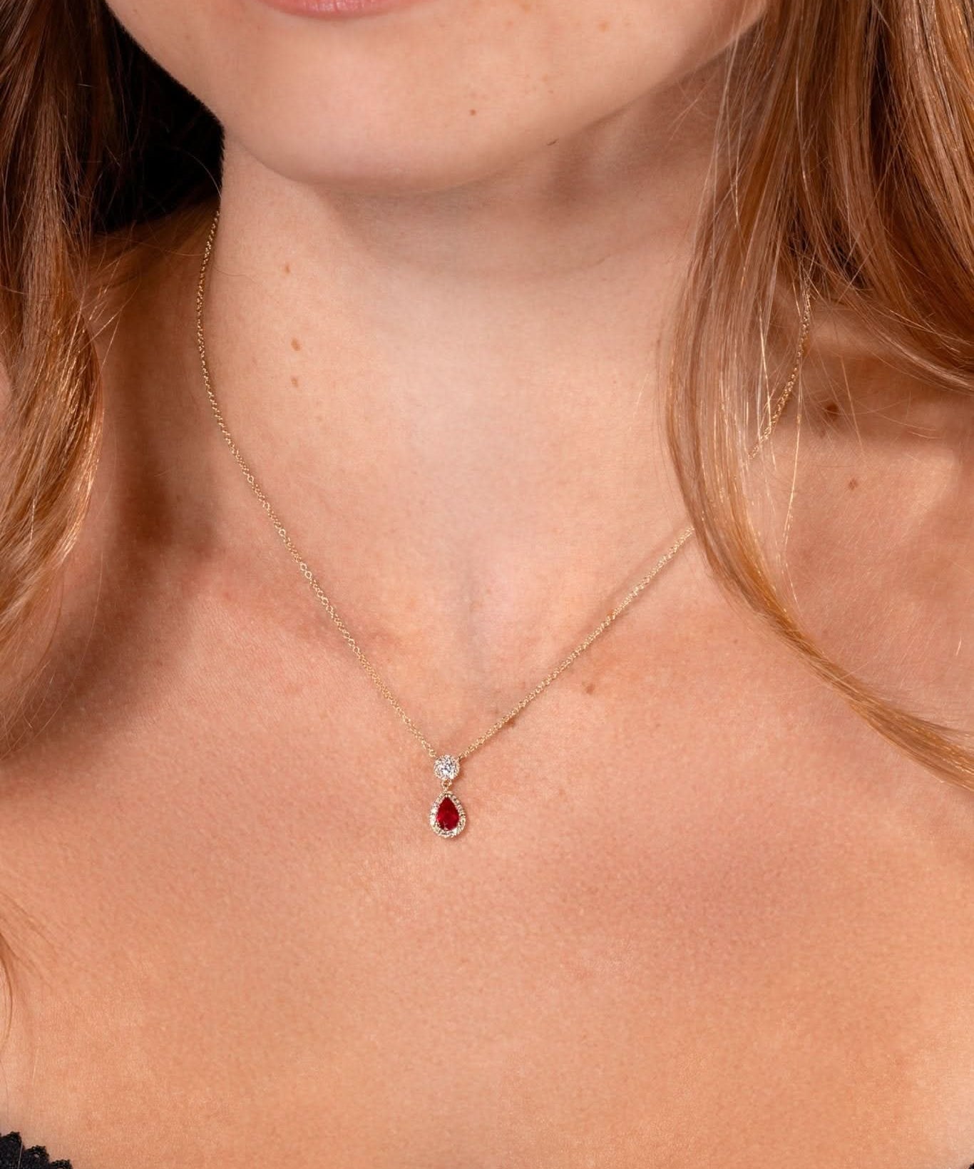 Pear Ruby Diamond Halo Drop Necklace - PBD Necklaces