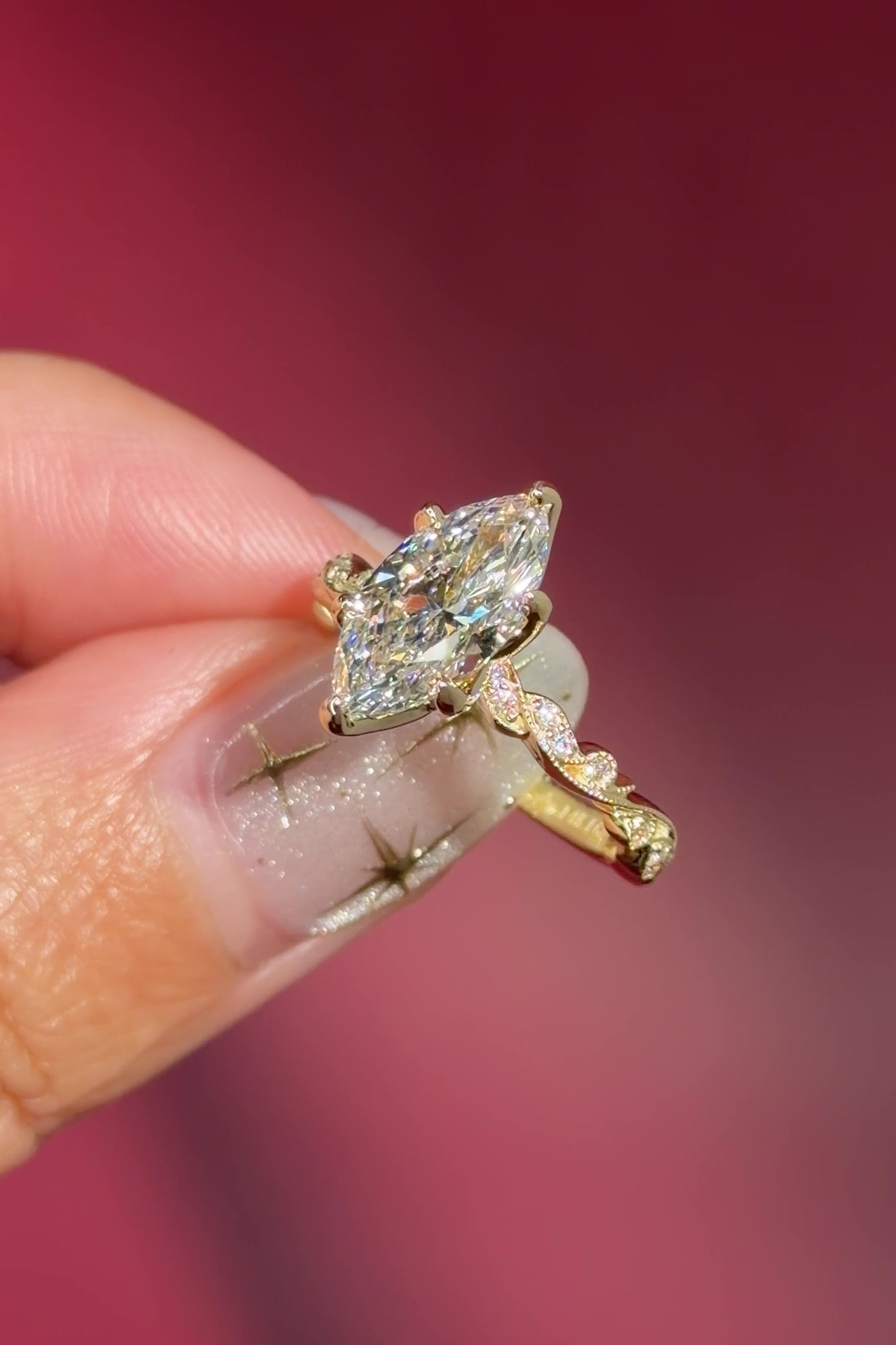 marquise lab diamond vintage style twist band engagement ring yellow gold