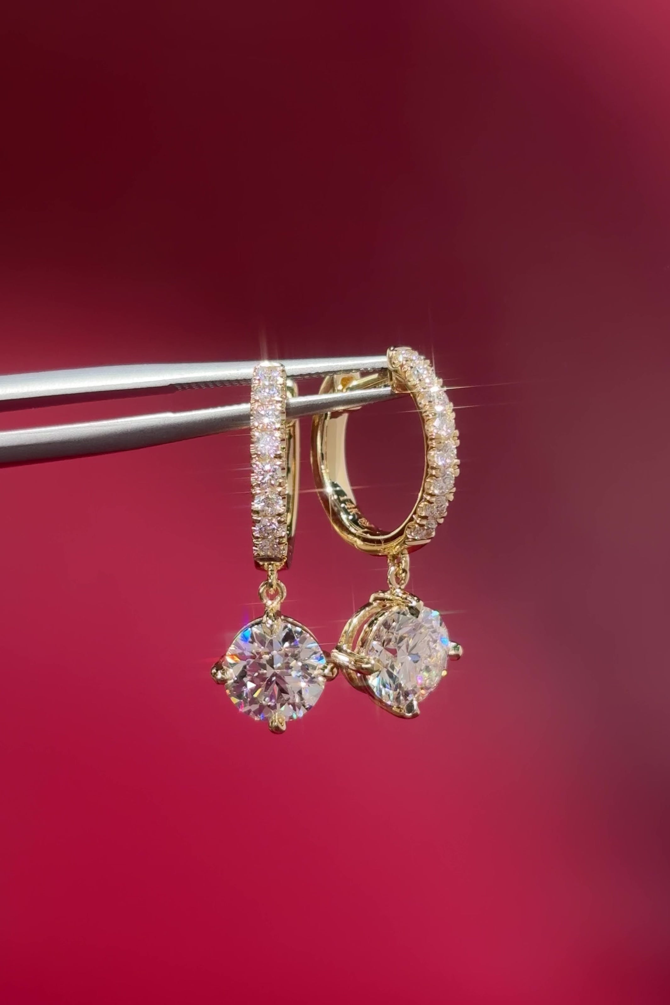 Compass Set Round Diamond Drop Hoops Yellow Gold