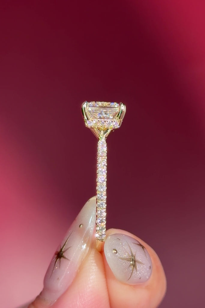 princess cut lab diamond pave engagement ring yellow gold with hidden halo