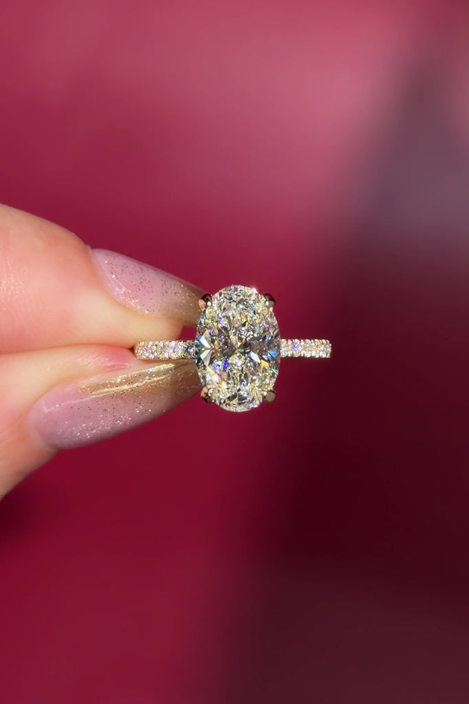 3.05ct D-VVS2 Oval Lab Diamond Stephanie Wrap Under Halo and Pave Band in Yellow Gold