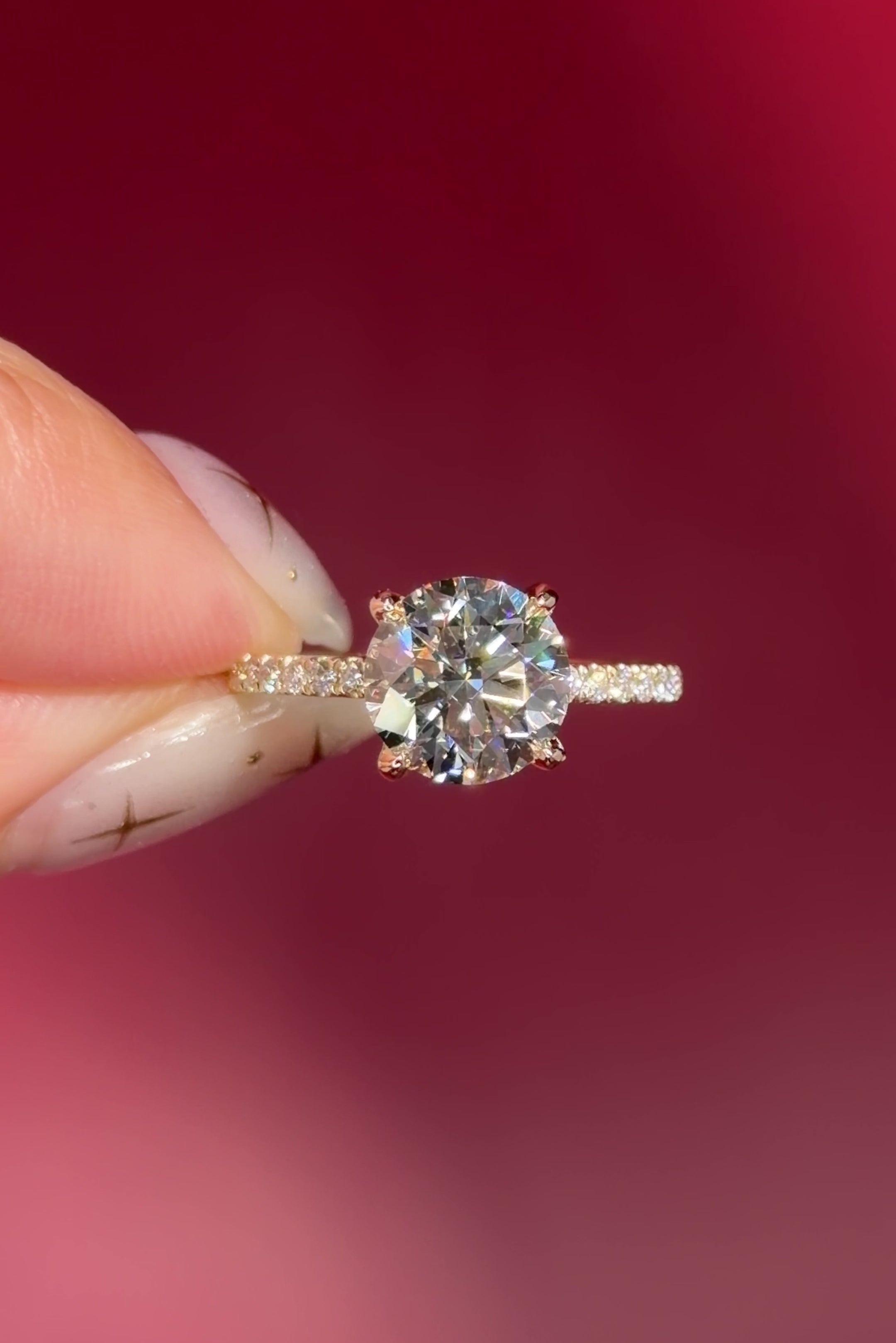 round lab diamond engagement ring yellow gold pavé diamonds with hidden halo