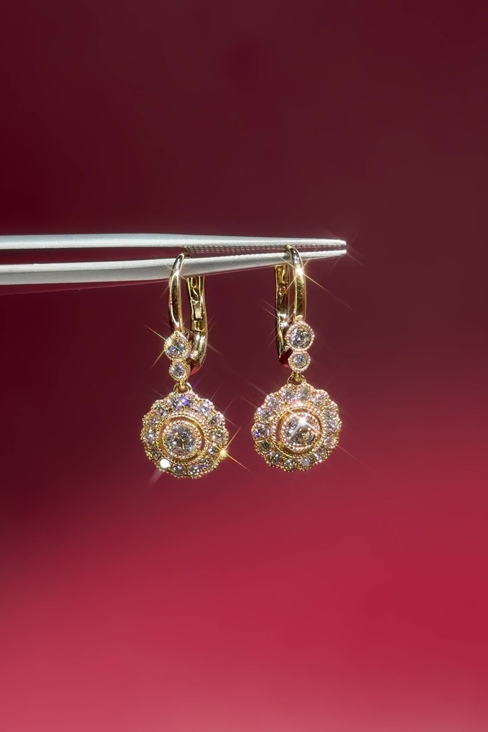 Claire Vintage Drop Earrings with milgrain scalloping and vintage halos