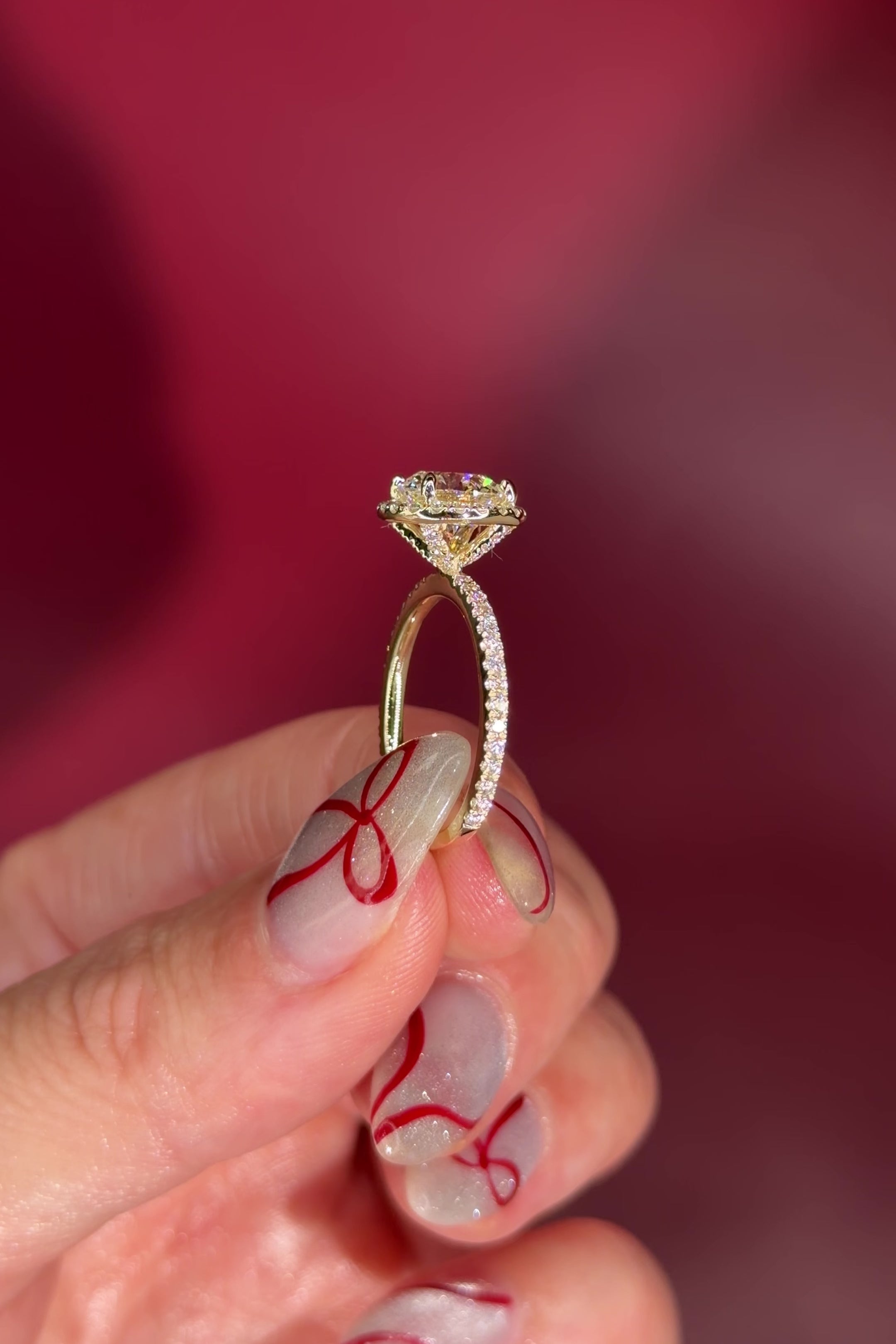 Classic Round Pavé Halo Engagement Ring with Diamond Prongs in Yellow Gold