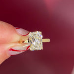 2mm Flat Band Gold Solitaire Engagement Ring radiant Diamond Center Stone with Diamond Rims in Yellow Gold