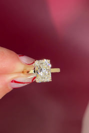 2mm Flat Band Gold Solitaire Engagement Ring radiant Diamond Center Stone with Diamond Rims in Yellow Gold