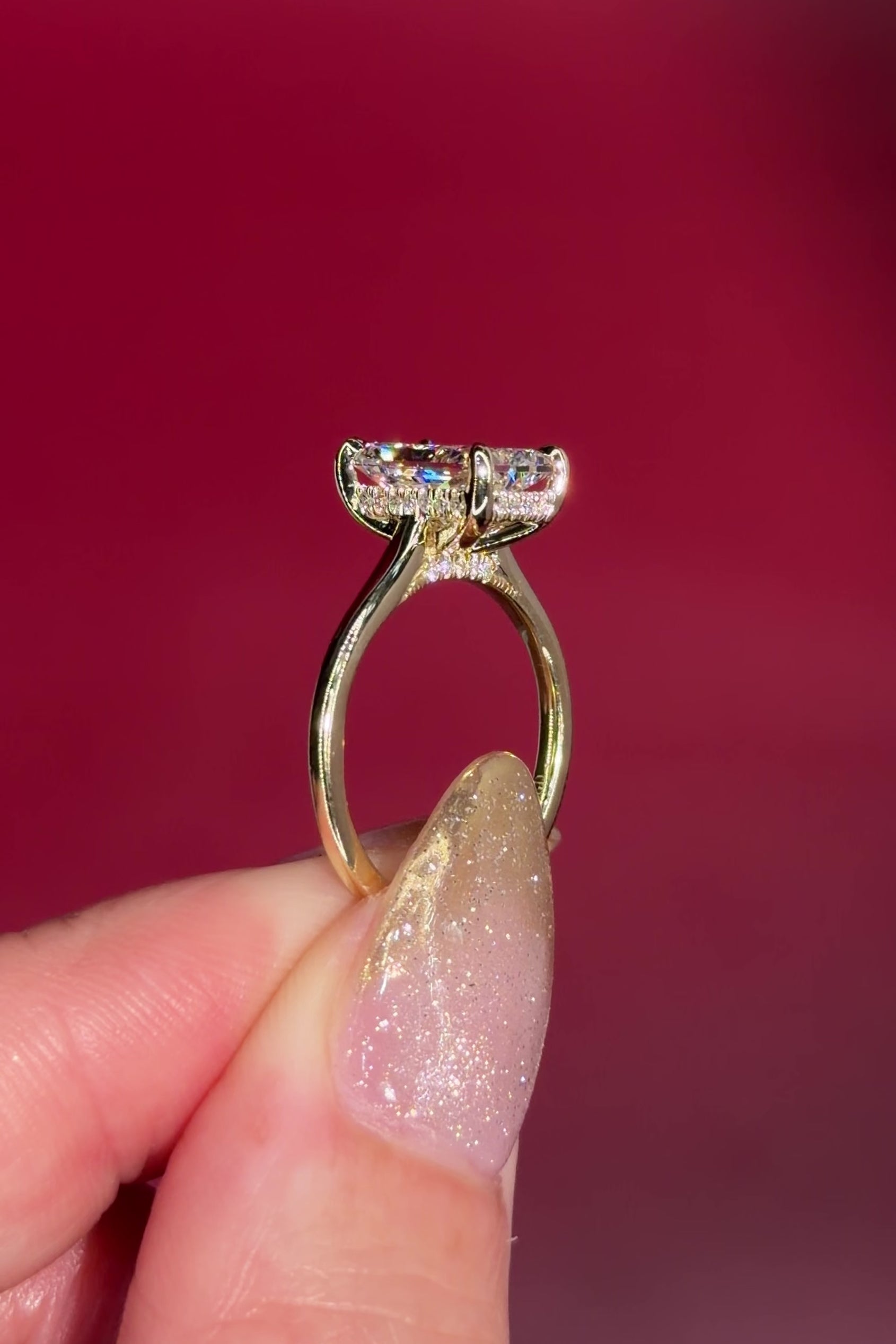 2.50ct D-VS1 Radiant Lab Diamond Alice. The Alice features a classic high polish band with a hidden inner under halo and cathedral-style body with a diamond bridge.