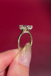 2.50ct D-VS1 Radiant Lab Diamond Alice. The Alice features a classic high polish band with a hidden inner under halo and cathedral-style body with a diamond bridge.