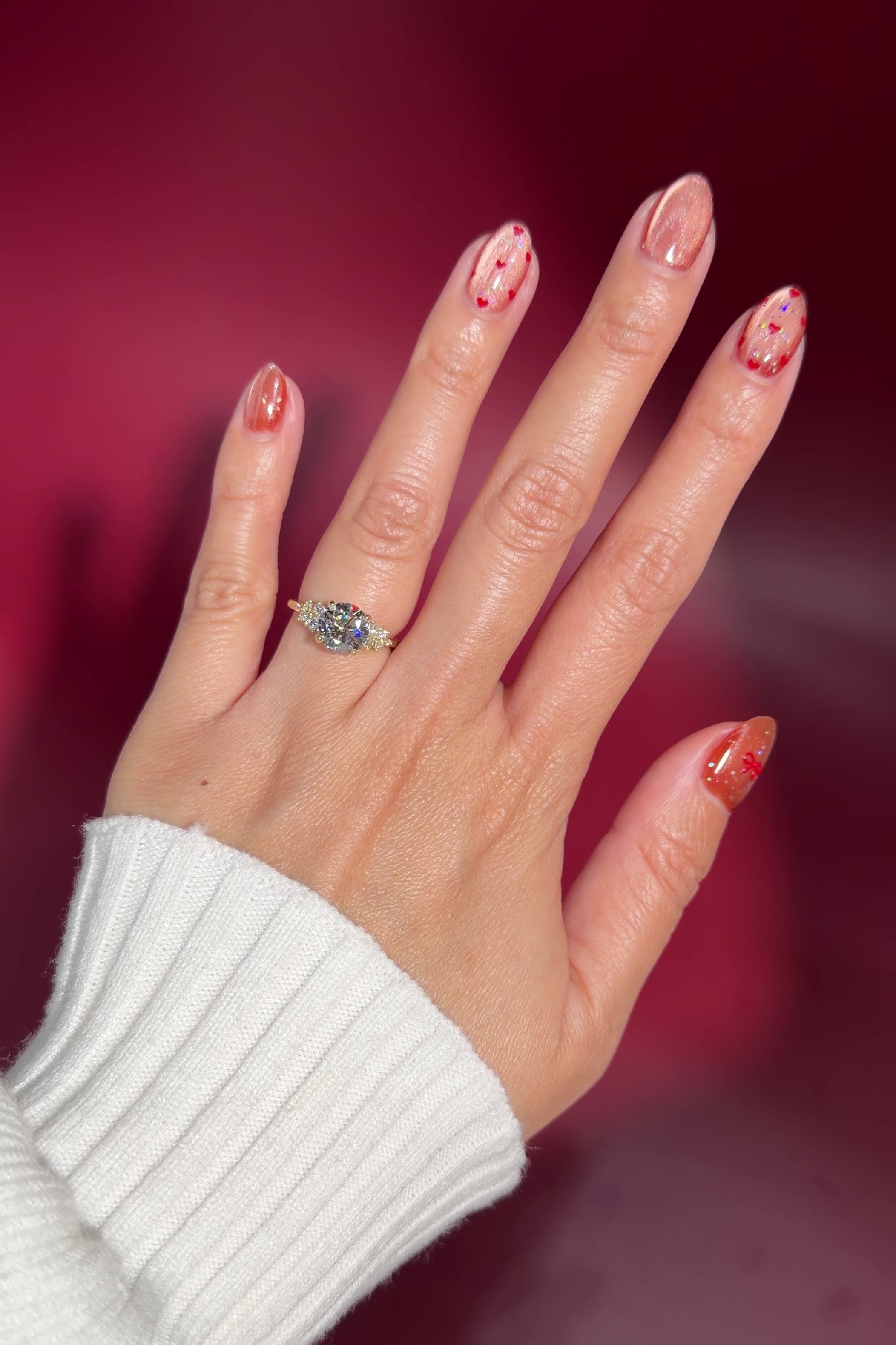 2.05ct round lab diamond engagement ring 4 prong whimsical side diamond cluster nature inspired yellow gold with petal prong basket on hand