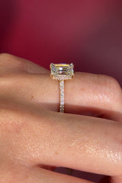 Emerald Cut Lab Diamond Solitaire in Yellow Gold with Pave diamond band and hidden halo