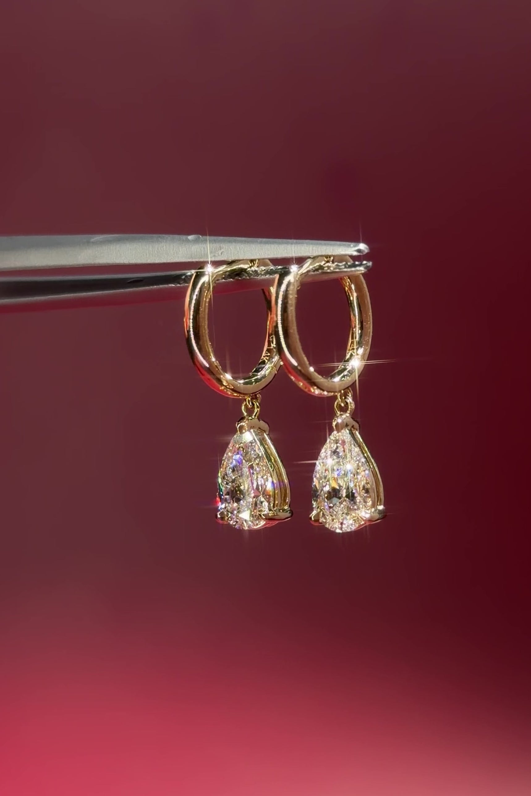 2ct Pear Lab Diamond Drop High Polish Hoops Yellow Gold