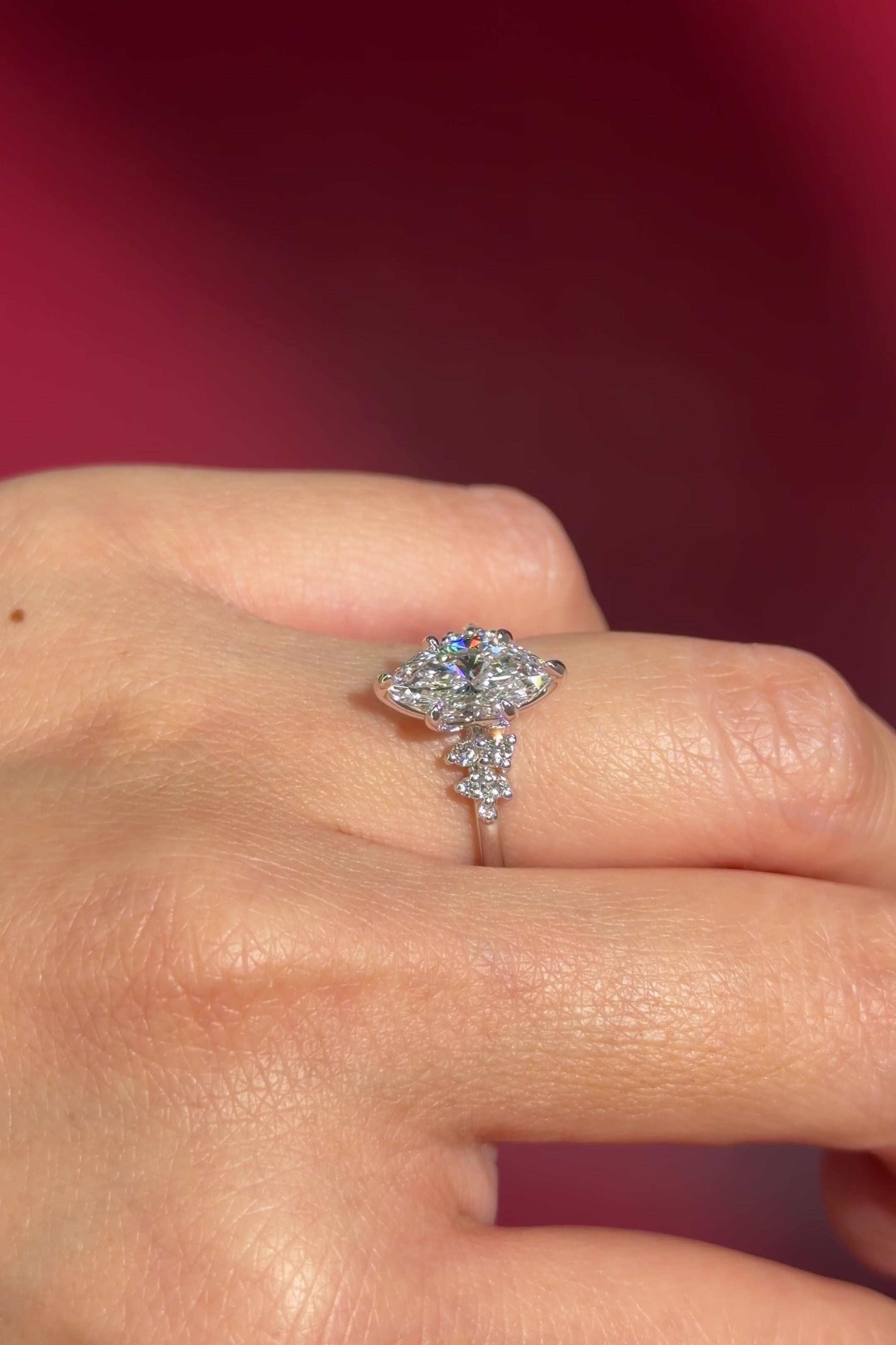 marquise lab diamond white gold engagement ring side stone nature inspired on hand