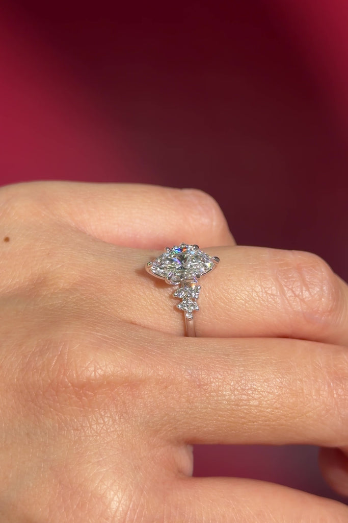 marquise lab diamond white gold engagement ring side stone nature inspired on hand