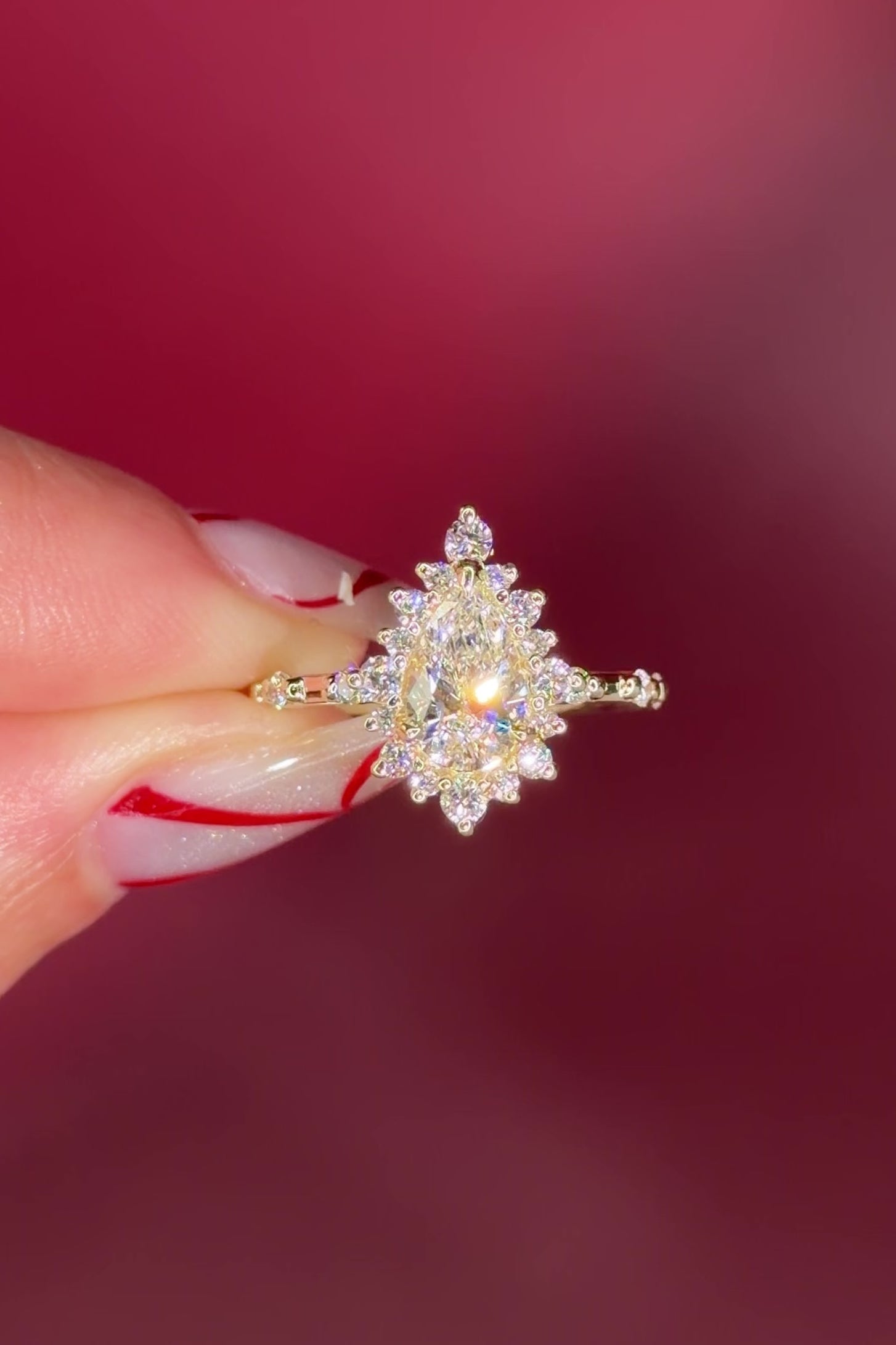 Vintage Style Pear Snowflake Halo Engagement Ring with Spaced Diamonds
