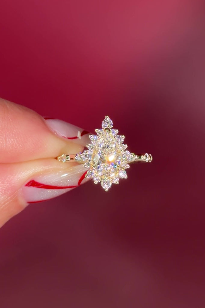 Vintage Style Pear Snowflake Halo Engagement Ring with Spaced Diamonds