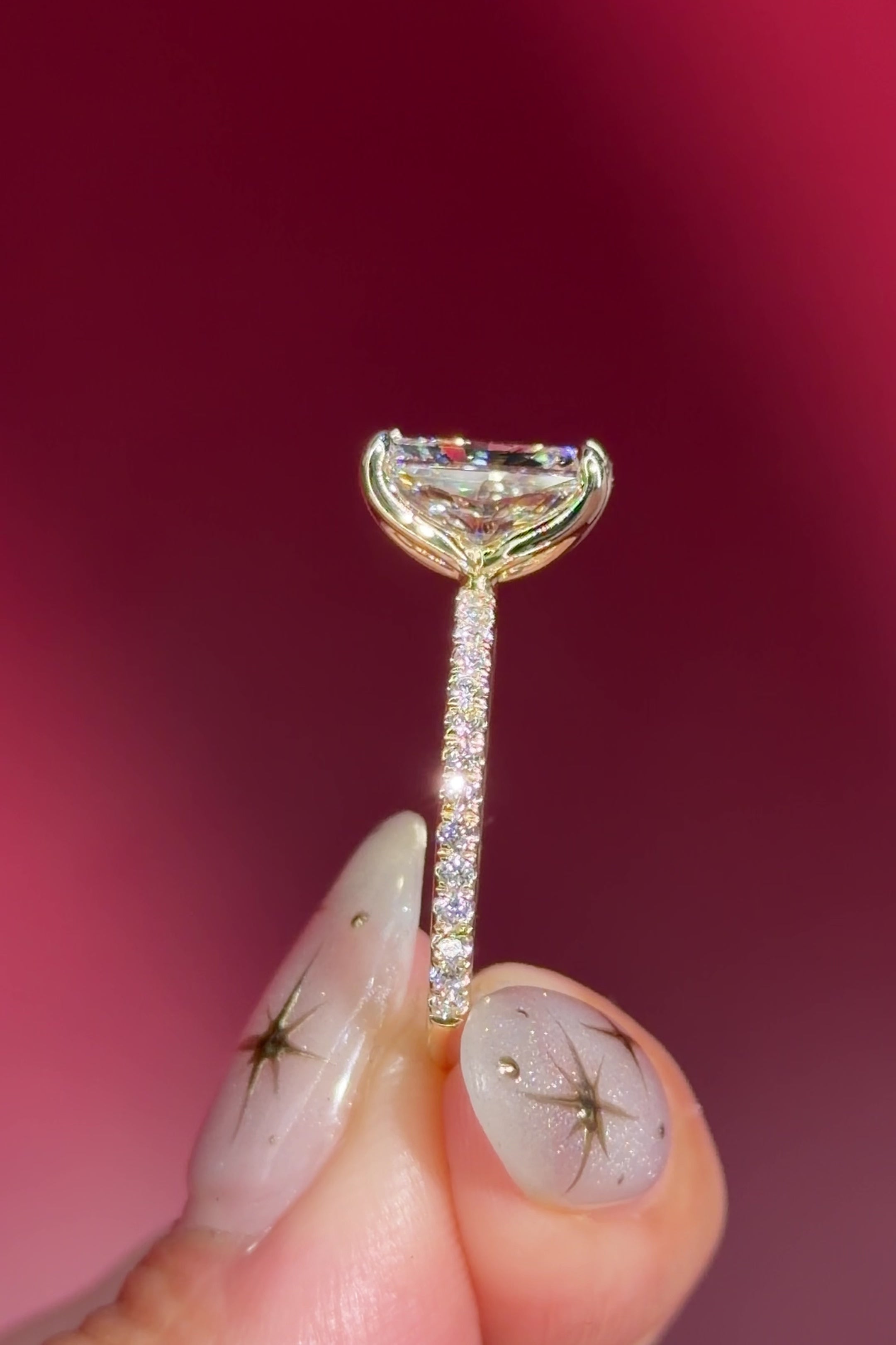 radiant lab diamond yellow gold pave engagement ring flower petal prong basket