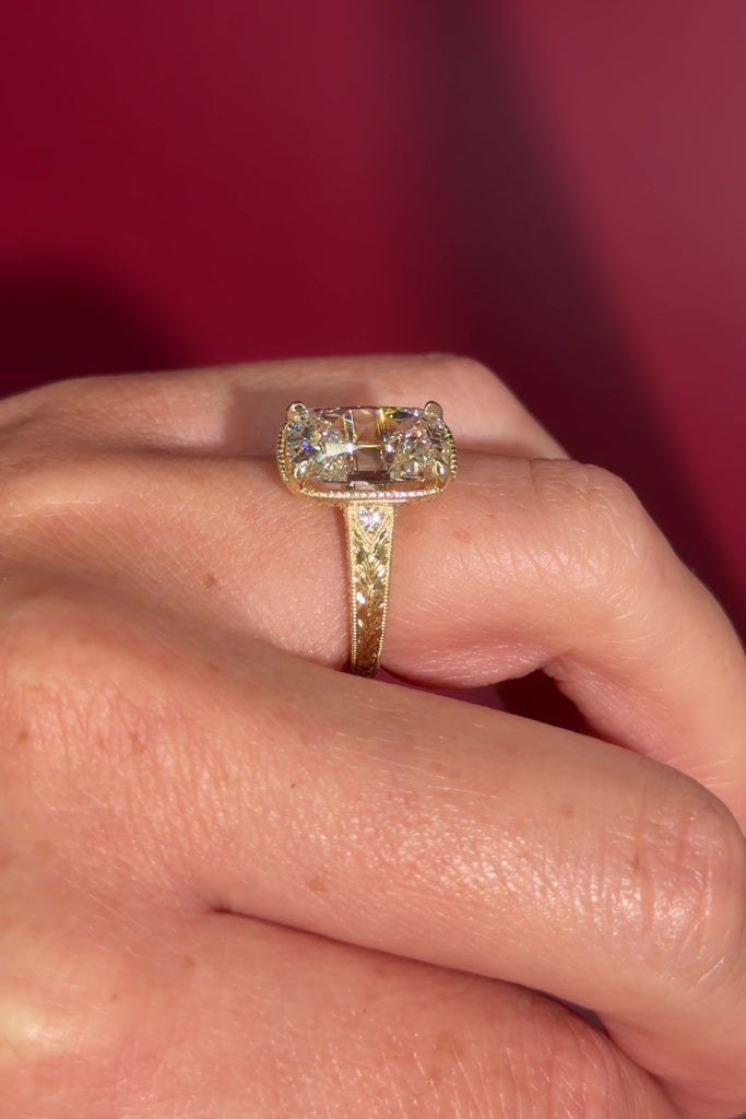 5.08ct F-VVS2 Cushion Lab Diamond Evelyn on hand close-up