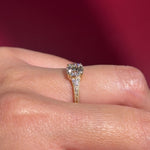 yellow gold round lab diamond vintage hand engraved engagement ring on hand