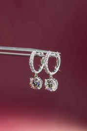 White Gold Diamond Pave Hoops with a 4 prong diamond drop