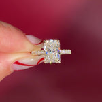 Radiant Lab Diamond Solitaire Engagement Ring with Pave side diamonds and hidden halo