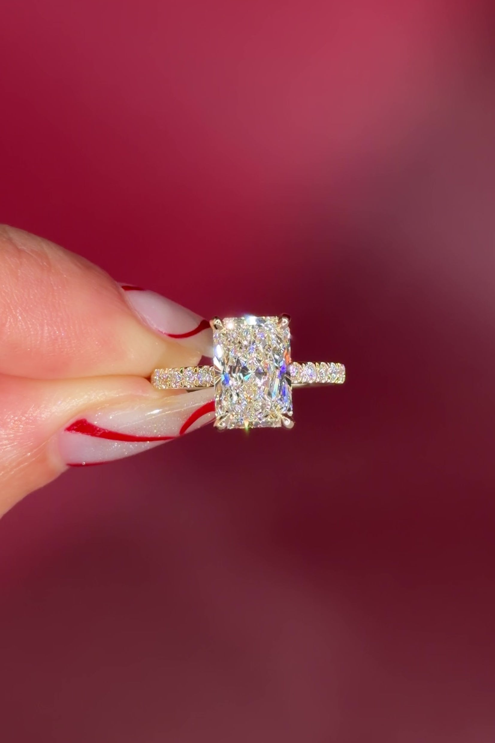 Radiant Lab Diamond Solitaire Engagement Ring with Pave side diamonds and hidden halo