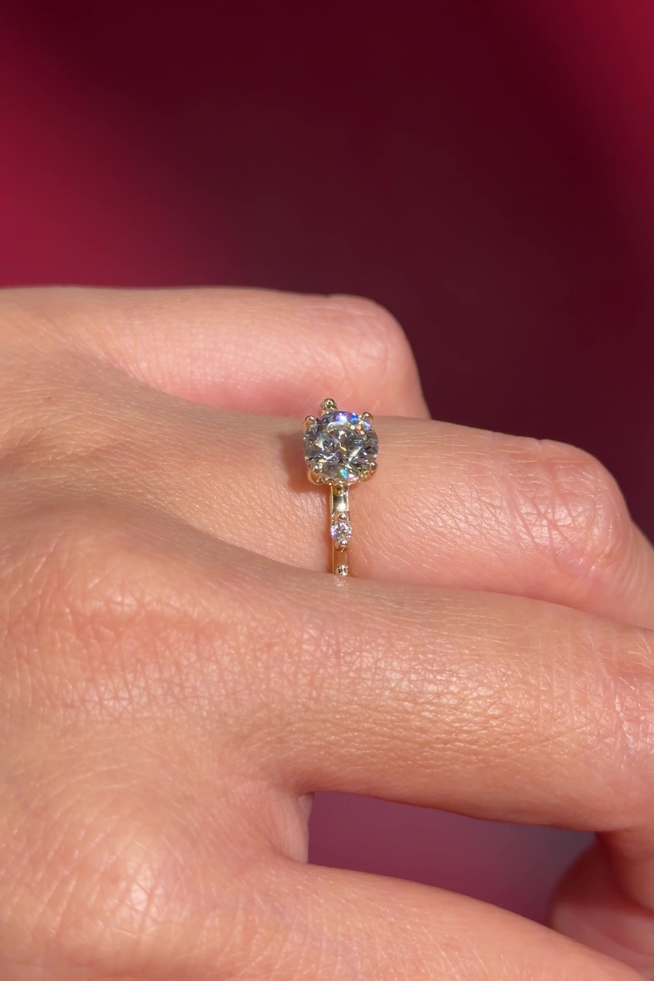 round lab diamond yellow gold engagement ring floating diamond band hidden halo on hand