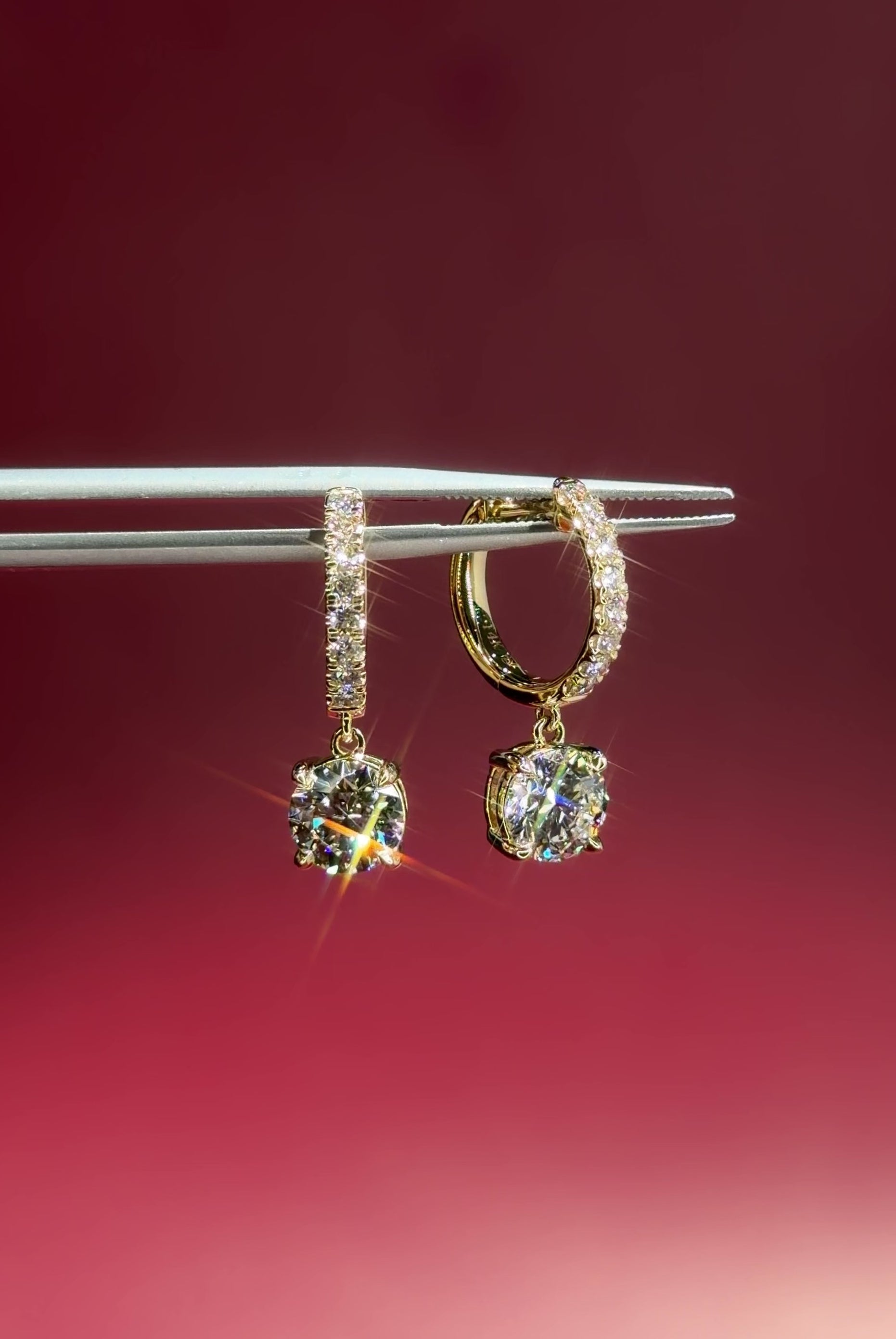 Round Diamond Drop Pave Hoops Yellow Gold