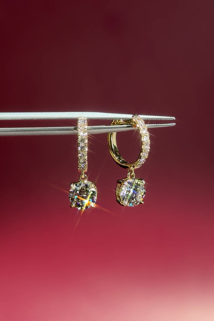 Round Diamond Drop Pave Hoops Yellow Gold