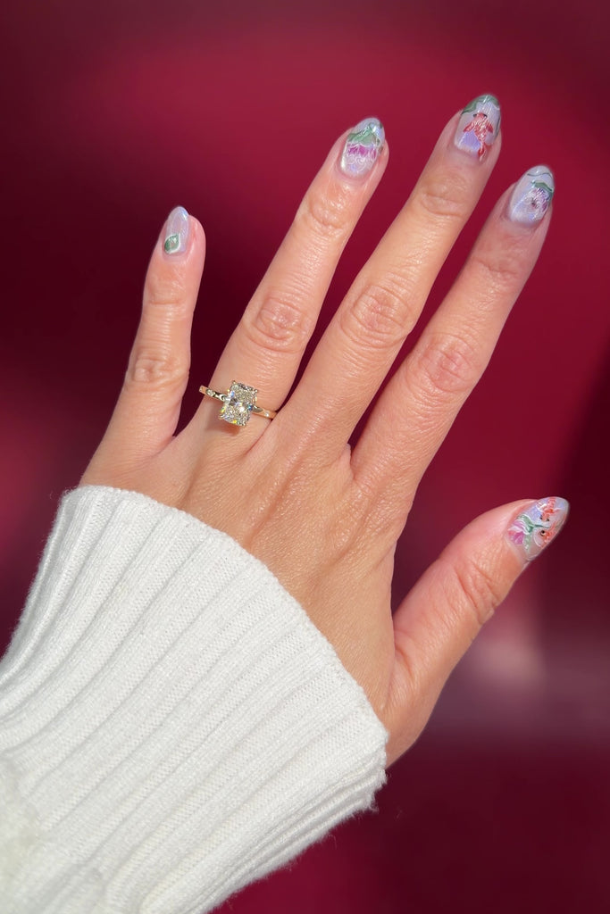 elongated cushion lab diamond inlay thick gold band setting engagement ring with hidden halo on hand