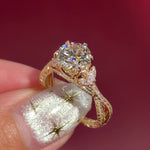 round lab diamond engagement ring leafy side marquise diamonds twist band engraved yellow gold