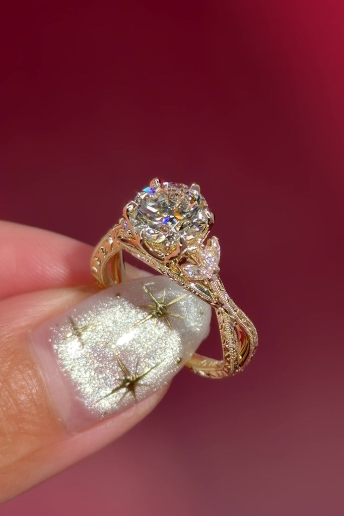 round lab diamond engagement ring leafy side marquise diamonds twist band engraved yellow gold