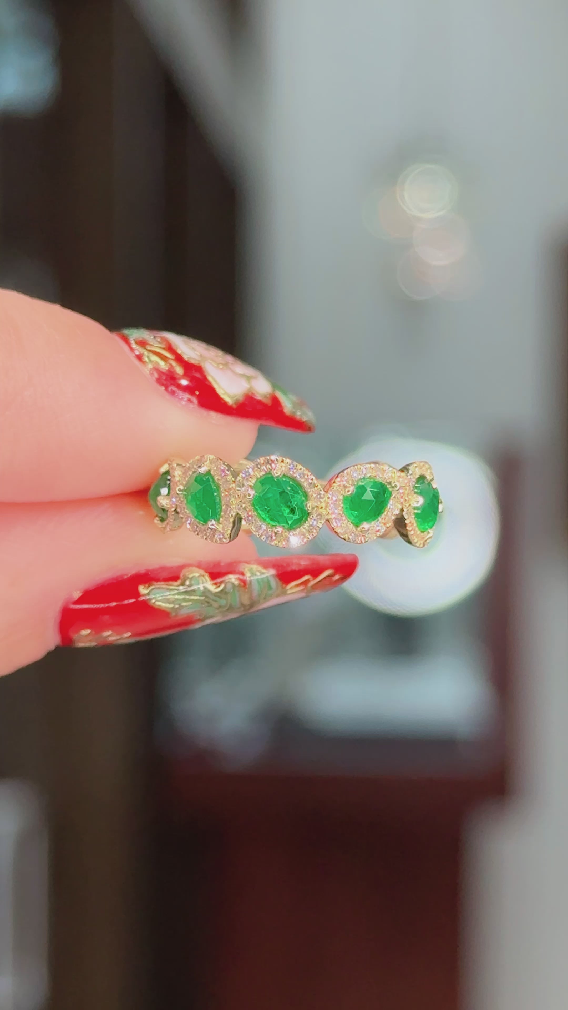 Freeform Natural Emerald and Diamond Halo Ring