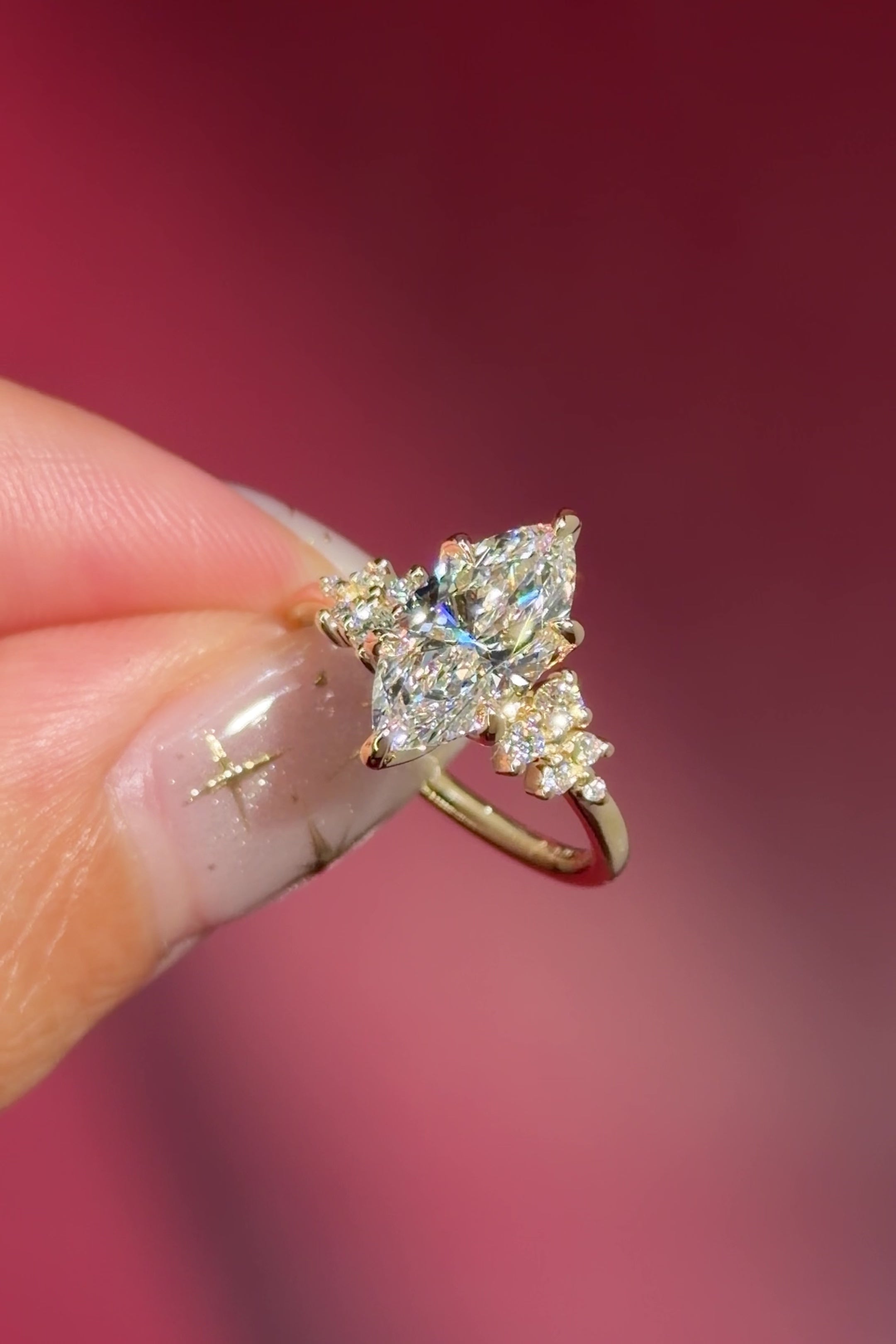 marquise lab diamond yellow gold engagement ring side stone cluster nature inspired