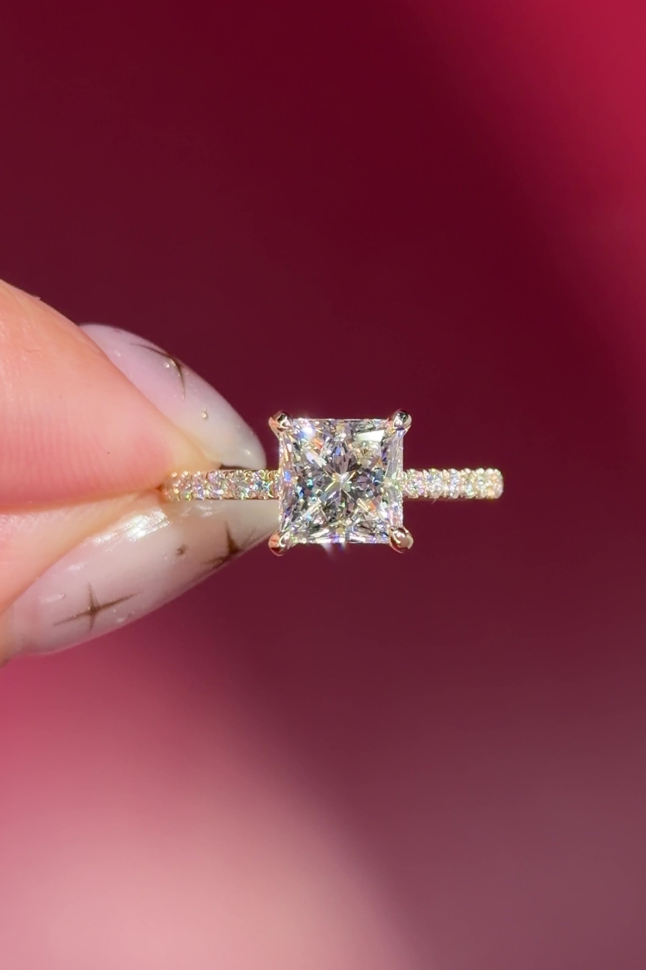 princess cut lab diamond pave engagement ring yellow gold with hidden halo