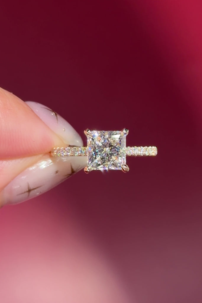 princess cut lab diamond pave engagement ring yellow gold with hidden halo