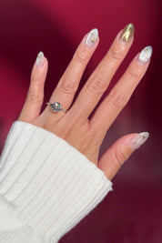 round lab diamond white gold spaced diamond inlay engagement ring on hand