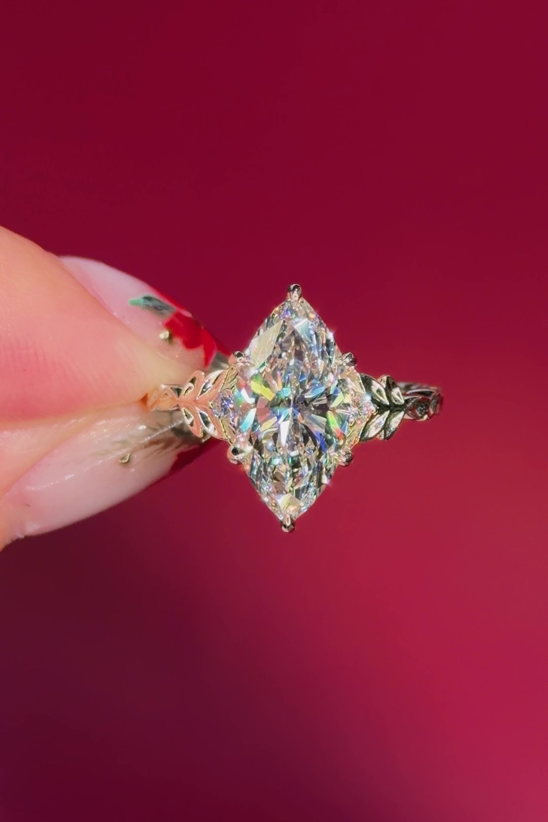 marquise diamond leafy nature inspired yellow gold engagement ring