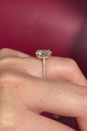 2.06ct D-VS1 Oval Lab Diamond Michelle. Cathedral style engagement ring with pavé diamonds going 75% around the ring, hidden halo, and high polish plain bridge made in solid 14k yellow gold.