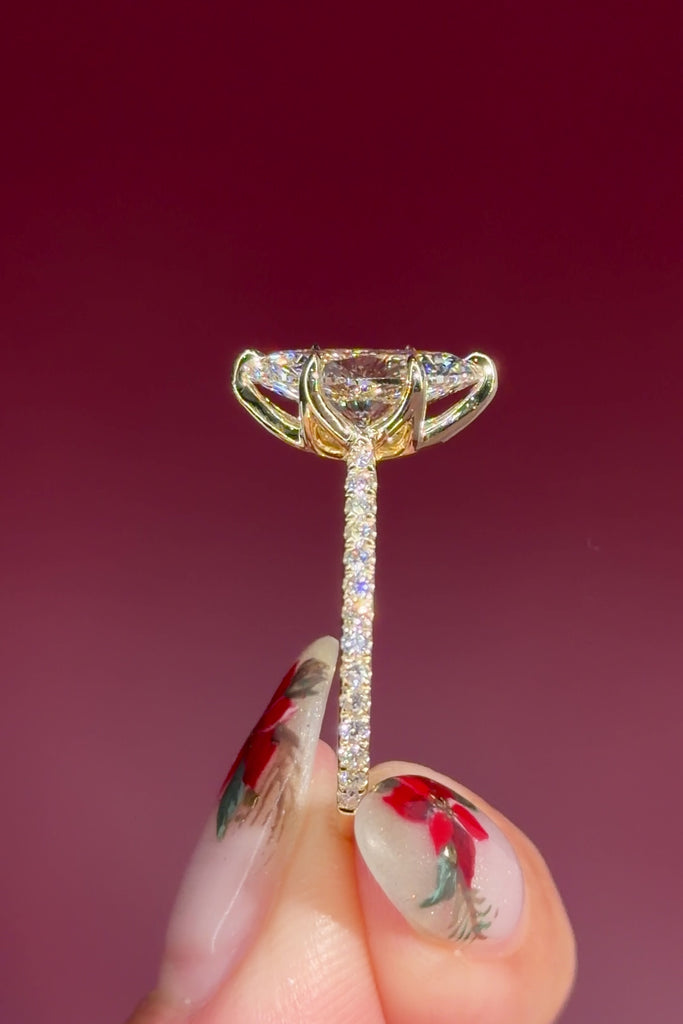 marquise lab diamond engagement ring yellow gold pave diamond band cathedral setting profile