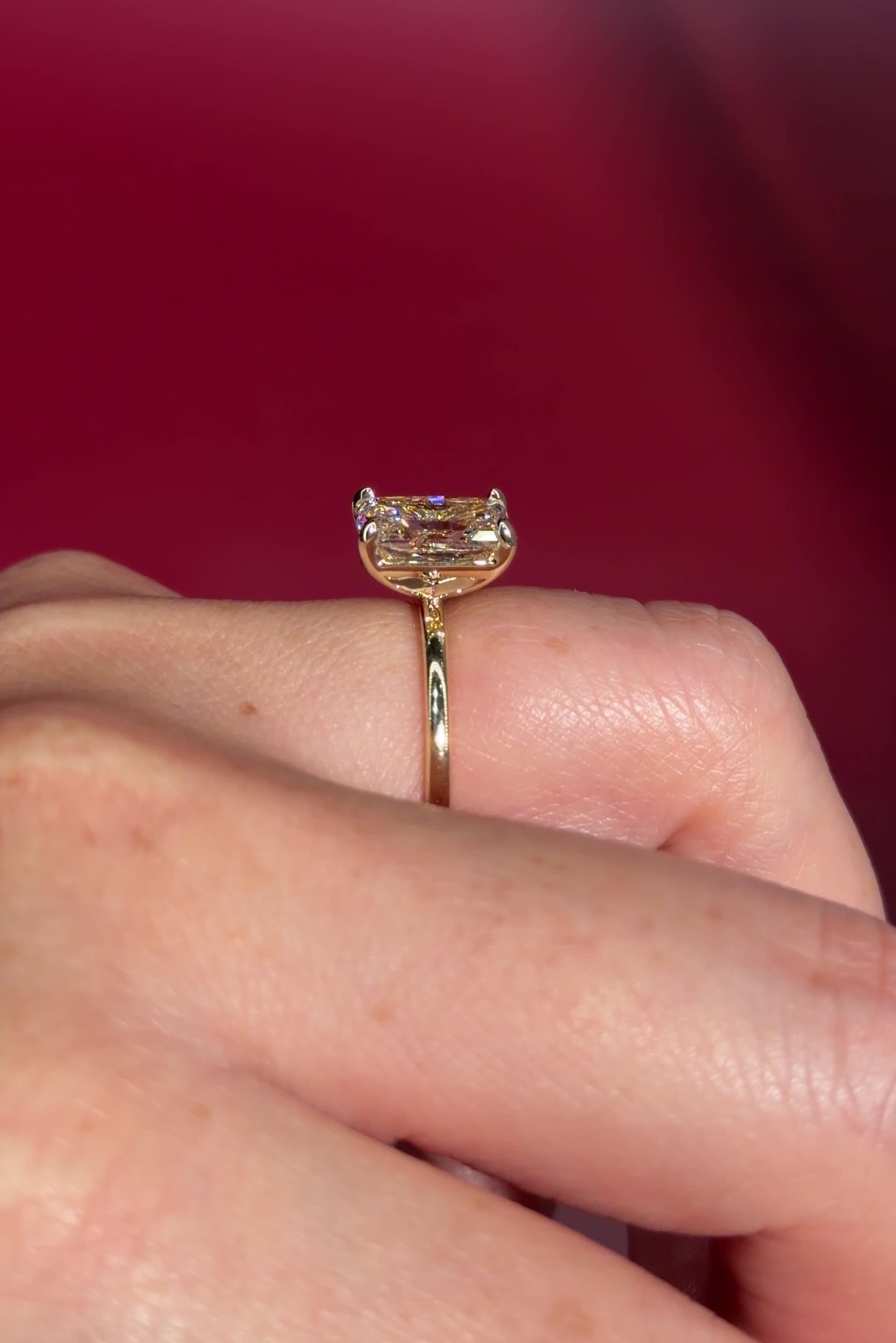 2.54ct F-VS1 Radiant Lab Diamond Leah. Simple and low maintenance, the Leah is a timeless solitaire designed for everyday wear. Crafted in solid 14k yellow gold, this traditional style features our classic belt design four prong head, offering added security while still maintaining one of the lowest maintenance settings we offer ✨