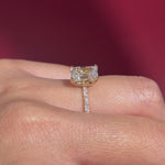 radiant lab diamond yellow gold pave engagement ring flower petal prong basket on hand