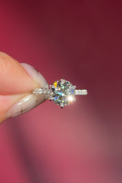 round lab diamond white gold pavé band engagement ring flower petal prong basket