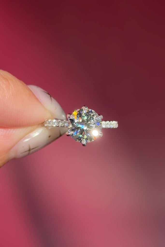 round lab diamond white gold pavé band engagement ring flower petal prong basket