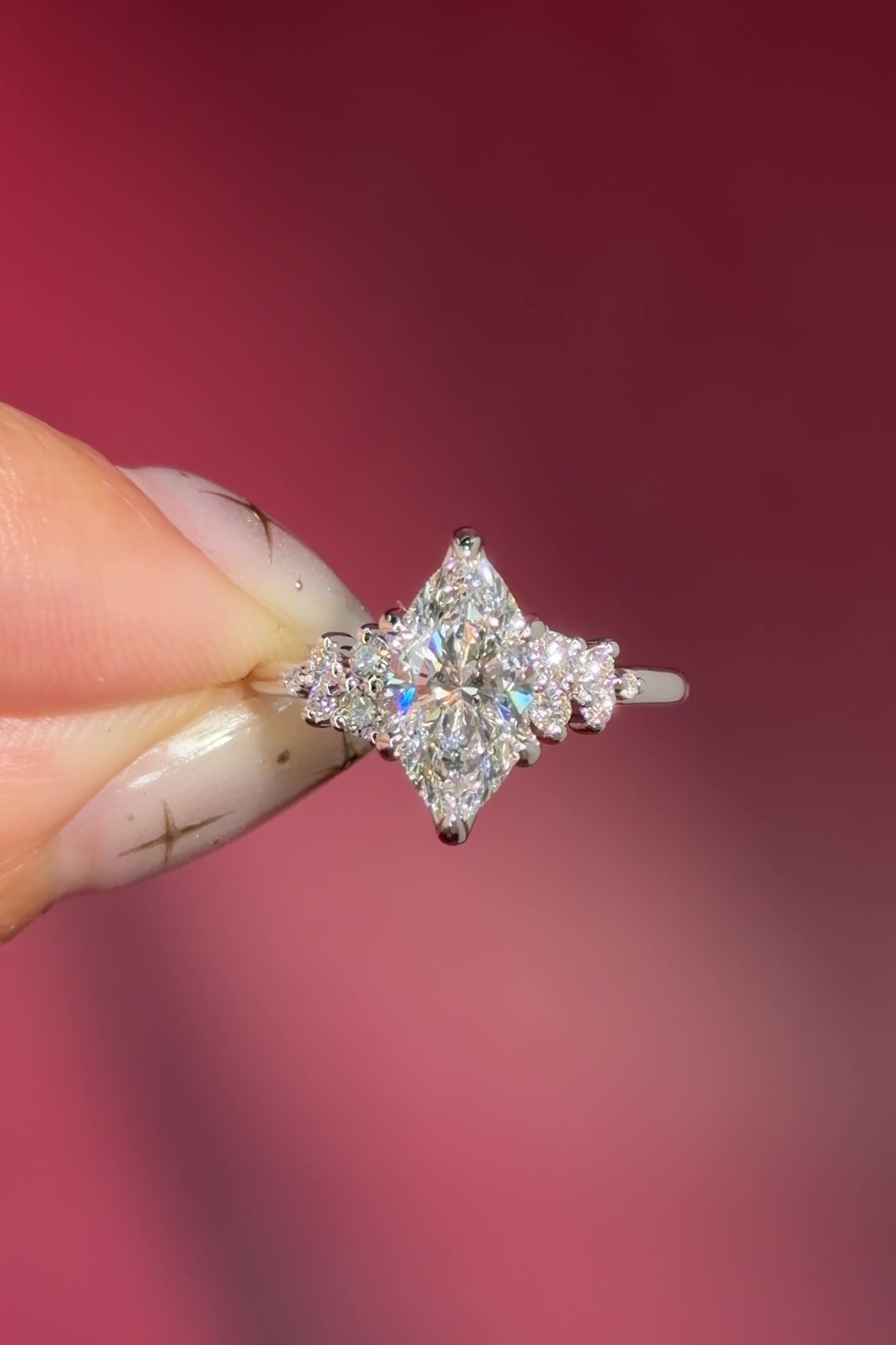 marquise lab diamond white gold engagement ring side stone nature inspired